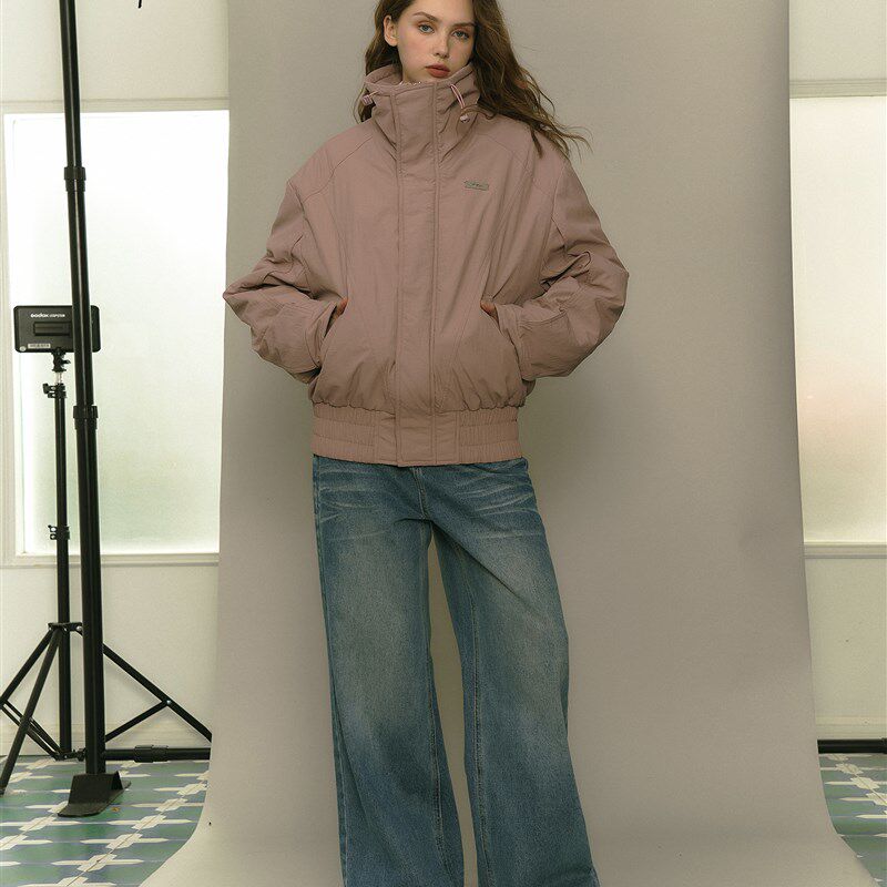 香料怪兽秋冬新黑色烟粉立领加厚大廓形外套棉服夹克小黑小粉