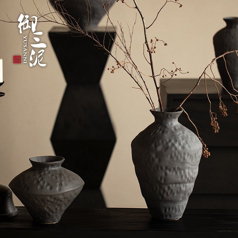 御三泥哑光黑手工侘寂禅意客厅插花装饰摆件台面陶罐干花插花花瓶,家居饰品,花瓶,淘宝优惠券,粉丝福利购,淘宝优惠卷