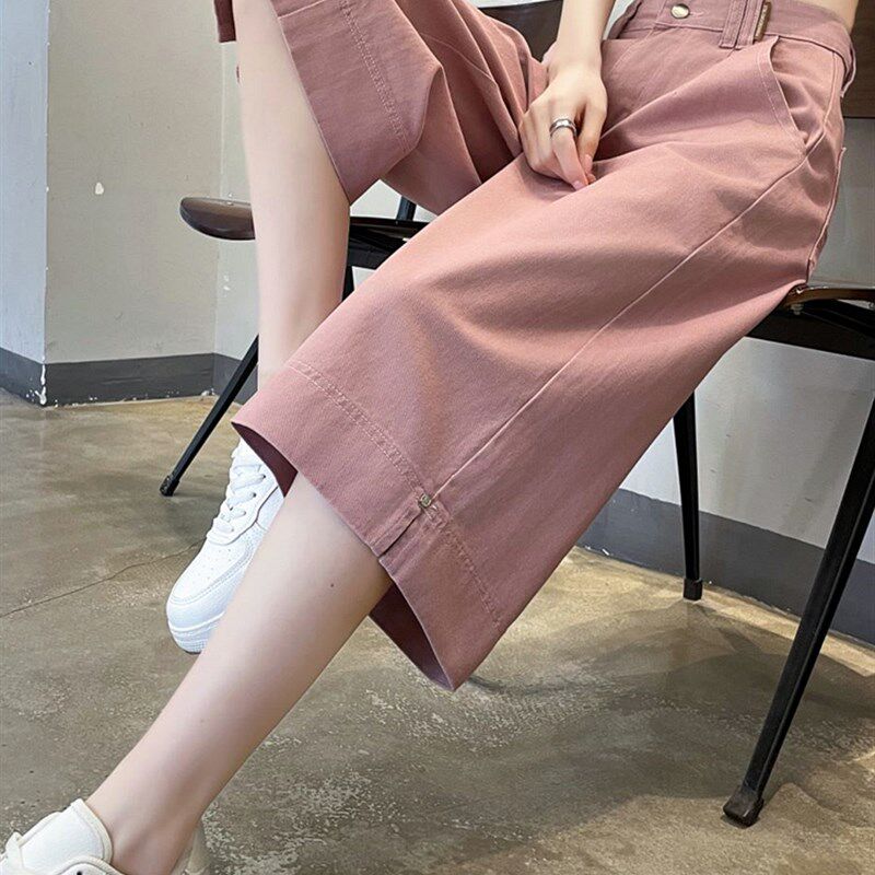 粉色六分牛仔短裤女春秋冬季2024新款七分直筒阔腿高腰显瘦5分裤