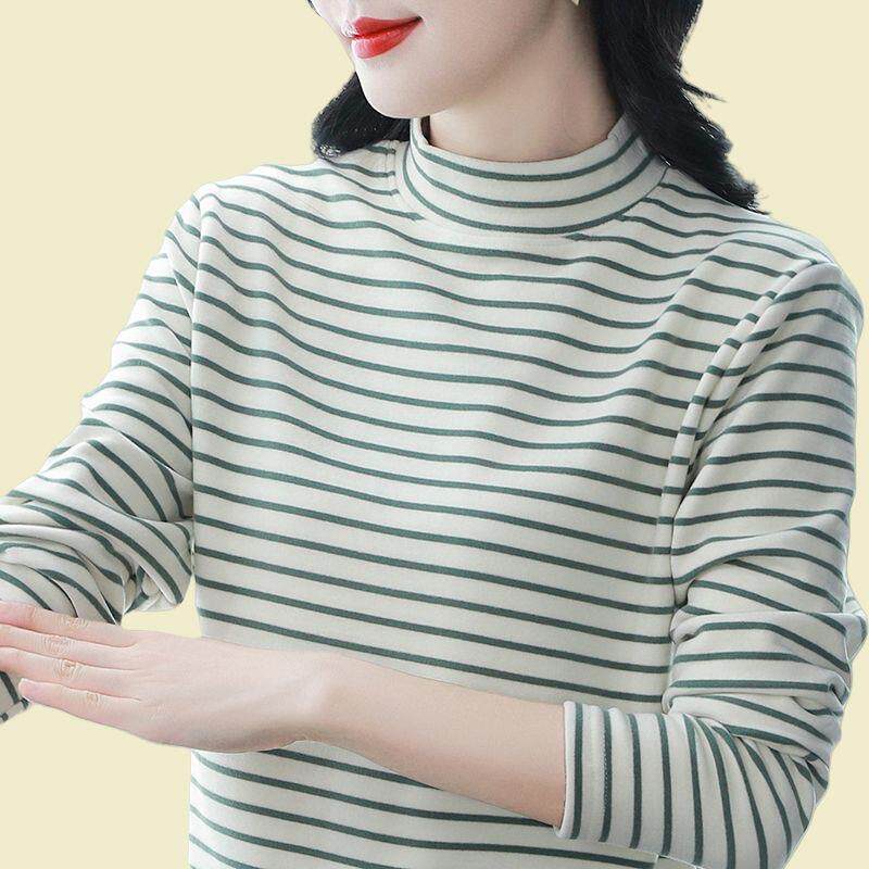 女士秋冬半高领条纹内搭打底衫2025新款洋气妈妈德绒保暖长袖上衣