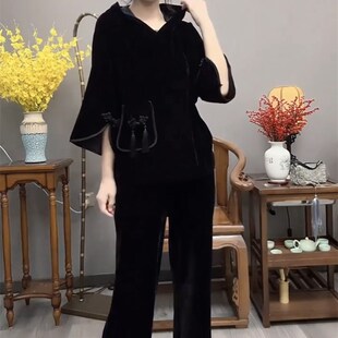 网红时尚套装女2023秋季新款连帽斗篷七分袖上衣阔腿裤国风两件套