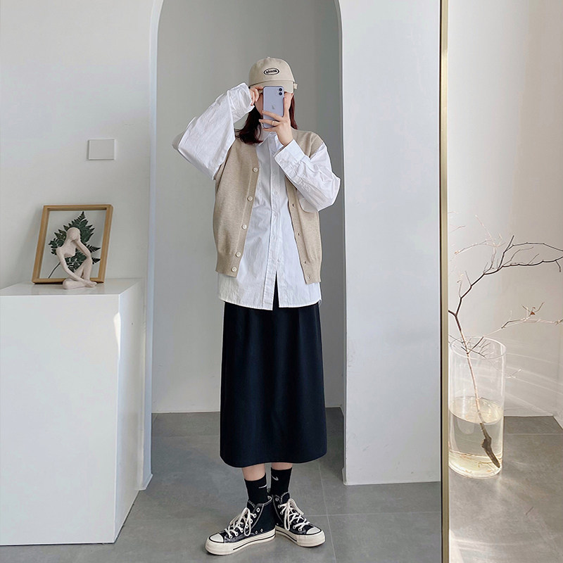 黑色半身裙中长款女秋2021新款高腰显瘦大码西装开叉包臀a字裙子
