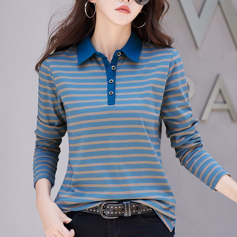 纯棉条纹翻领长袖t恤女宽松纽扣带领打底衫气质polo领秋季上衣服