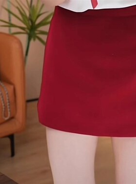红色毛呢半身裙女大码春季2025新款小个子高腰a字短裙修身包臀裙