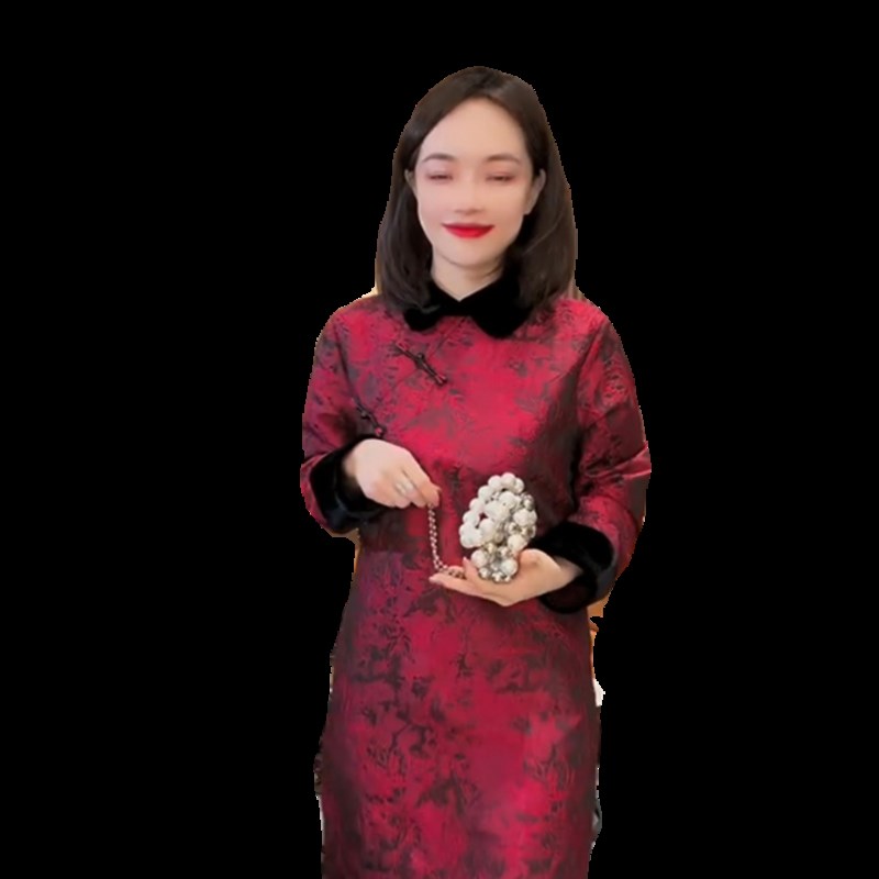 中国风娃娃领连衣裙女23冬季新款娃娃领长袖碎花盘扣中长款旗袍裙