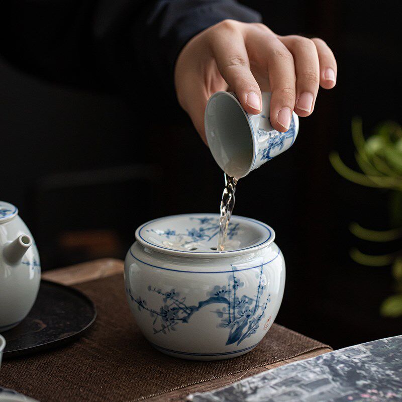 茶渣缸家用陶瓷建水带盖茶洗水盂小号手绘青花复古茶水桶茶道配件