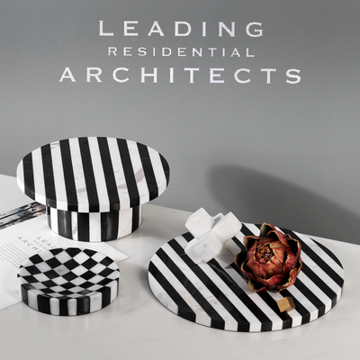 大理石黑白条纹拼接圆形托盘客厅桌面茶几餐桌果盘样板房软装摆件