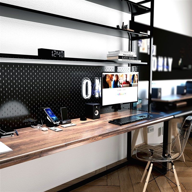 实木书架一体桌电脑桌 loft实木双人书桌书架靠墙长条桌工作台