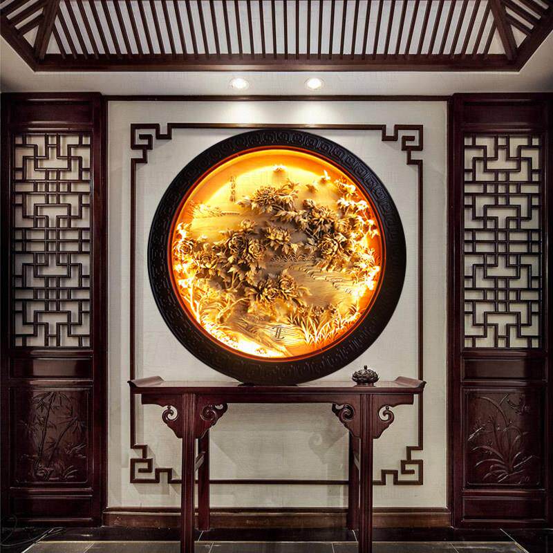 东阳木雕手工雕刻玄关背景墙圆盘挂件深浮雕新中式圆形壁挂可定做