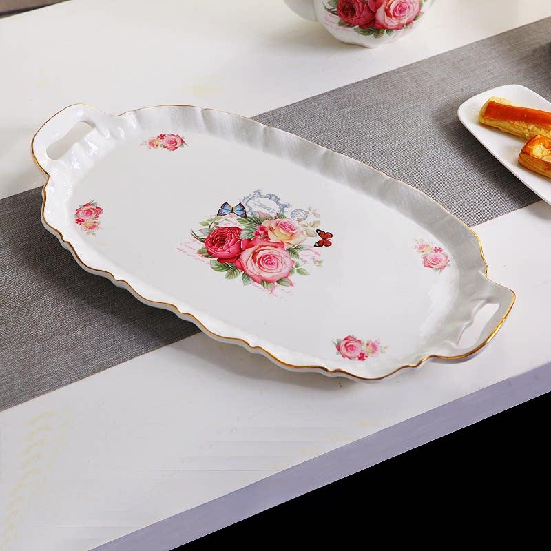 中轻度瑕疵亏本处理品 景德镇欧式全陶瓷茶盘家用椭圆长方形托盘