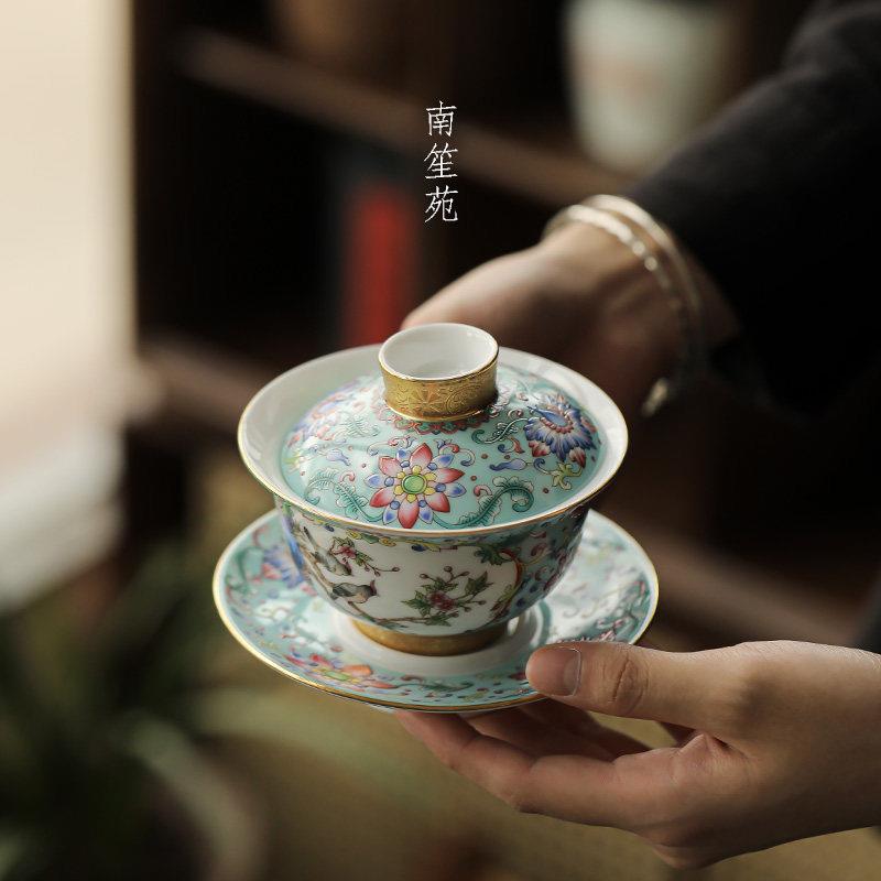 中式覆古珐瑯彩八宝茶三才盖碗单个家用功夫茶具普洱茶泡茶碗大号