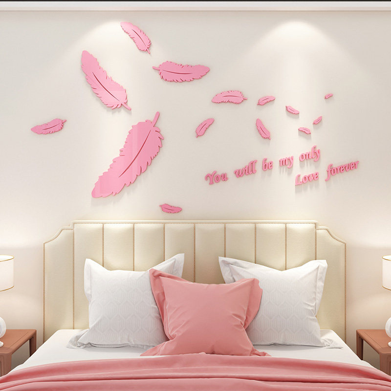 浪漫羽毛亚克力3d立体墙贴卧室房间床头装饰客厅沙发温馨镜面贴画