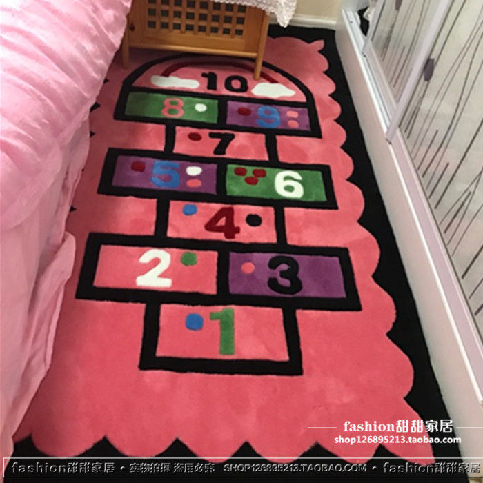 卡通跳格子儿童粉色地毯卧室床边飘窗女孩幼儿园数字创意床尾地垫