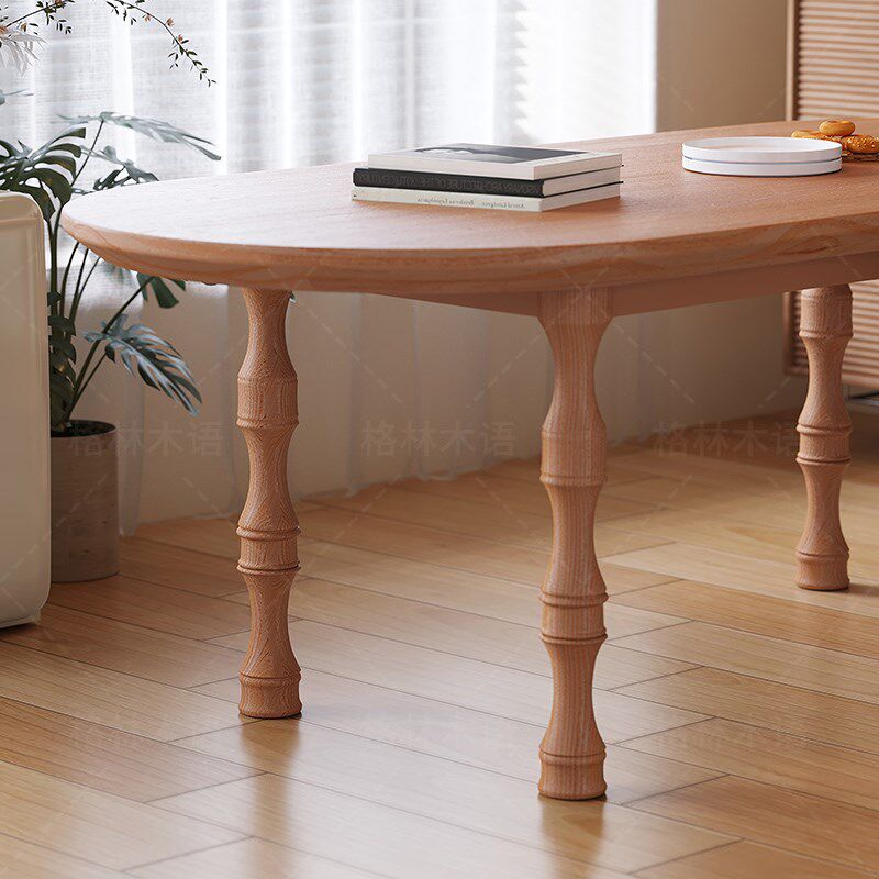 全实木中古法式餐桌罗马腿柱设计师原木小户型餐厅椭圆饭桌椅组合