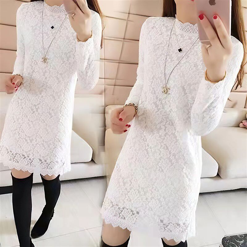 秋冬大码高领长袖蕾丝衫加绒加厚上衣中长款打底衫女连衣裙t恤裙