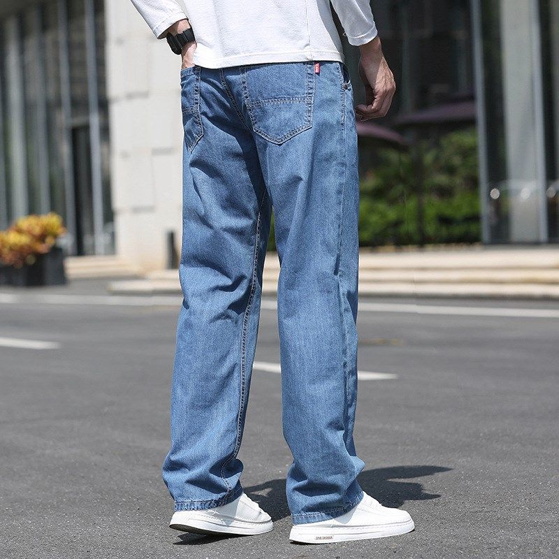 夏季薄款牛仔裤男宽松浅蓝直筒加肥加大码阔腿胖人男士休闲长裤子
