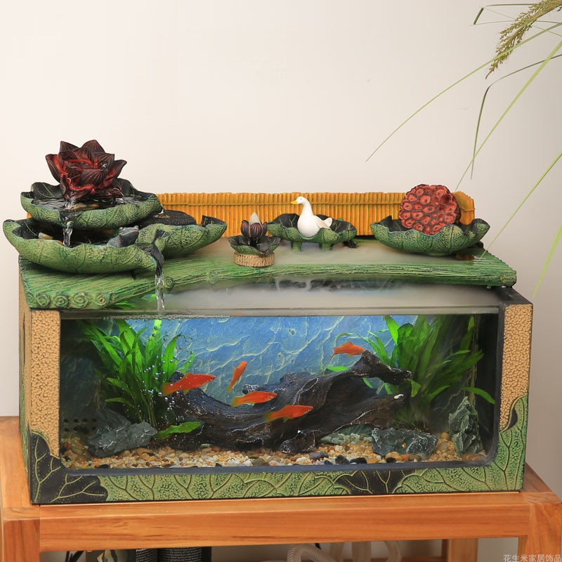 流水小鱼缸创意办公室水族箱玻璃桌面客厅造景中型新中式循环水景