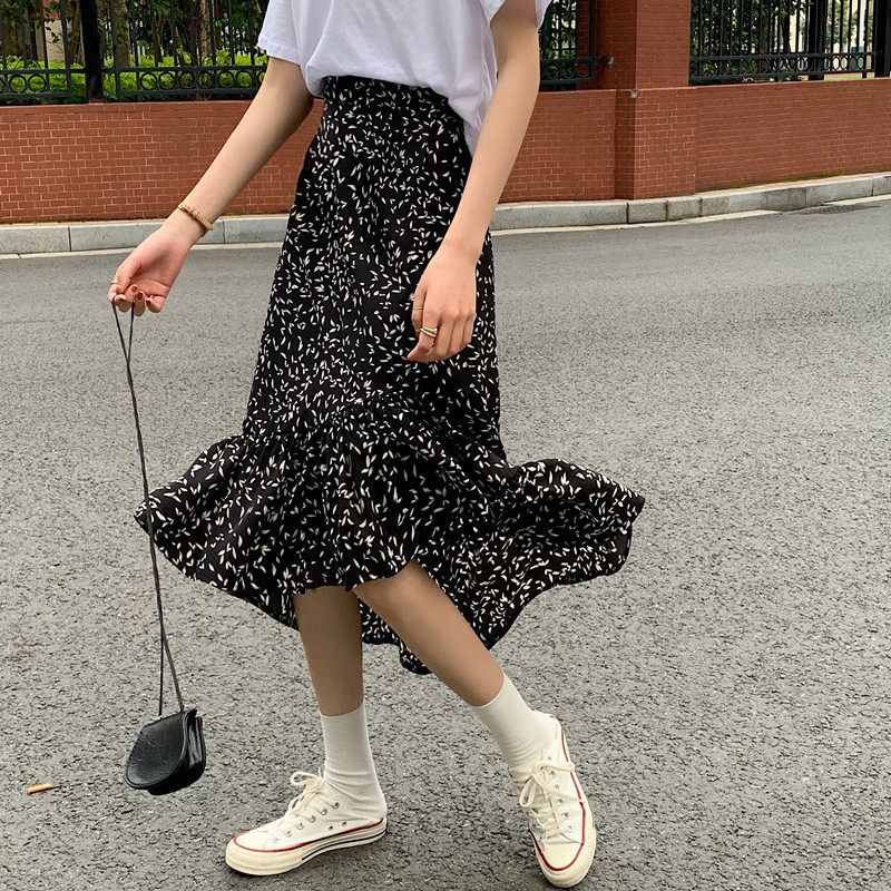 大码女雪纺半身裙子夏季2020新款复古鱼尾裙胖MM高腰中长款A字裙