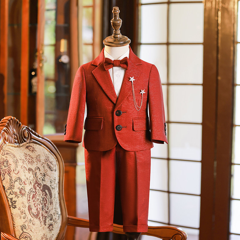 儿童西装套装男童秋季2022新款男宝周岁生日宴礼服英伦小西服红色
