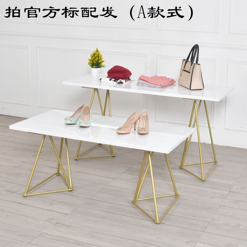 服装店中岛展示台长方形实木桌子创意金色北欧铁艺高低组合流水台