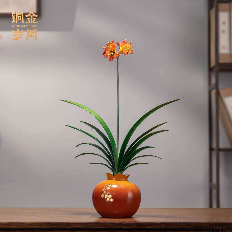 铜金岁月君子兰花仿真花朵铜摆件办公室插花卉花瓶兰花客厅铜摆件,家居饰品,仿真花/假花,淘宝优惠券,粉丝福利购,淘宝优惠卷