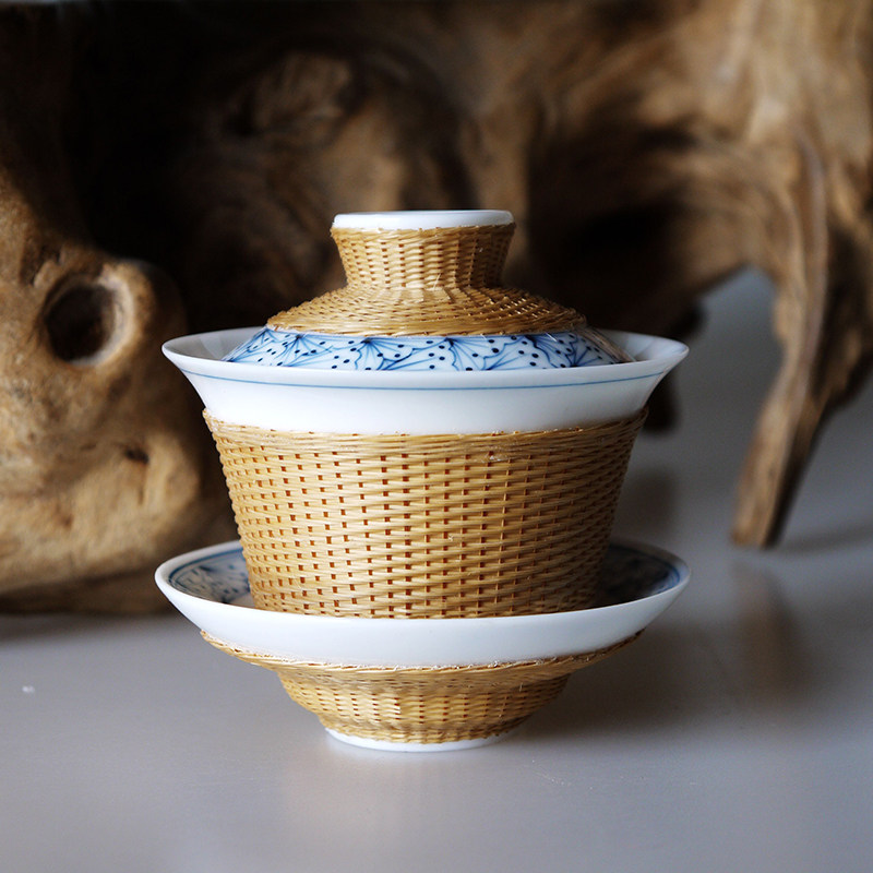 四川非遗手工瓷胎竹编三才小盖碗主人杯竹丝扣瓷功夫茶具套装礼盒