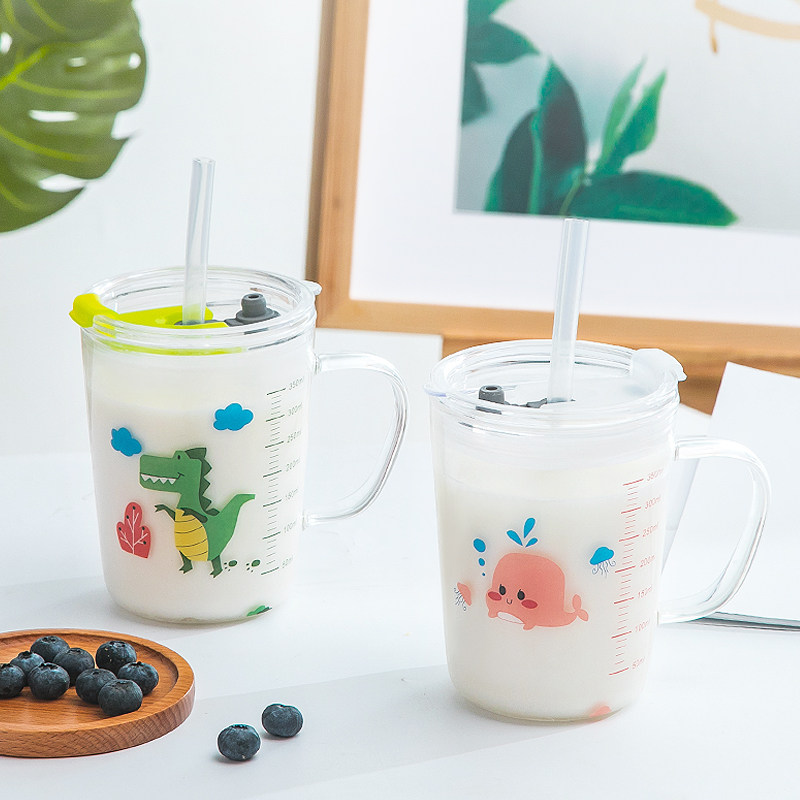 玻璃冲牛奶杯儿童泡奶粉喝微波炉可加热专用带盖带刻度吸管的杯子