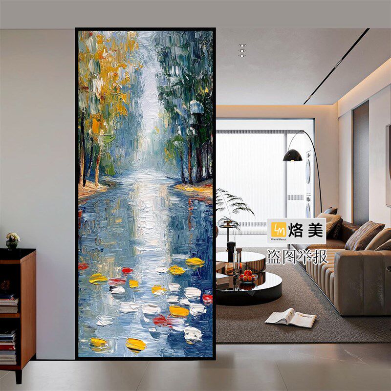 高端奢华油画 画钢化玻璃客厅屏风抽象艺术隔断穿堂化解双面不透