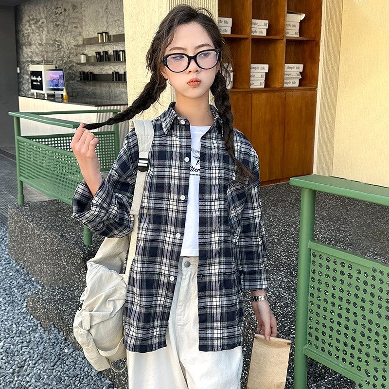女童格子衬衫2024新款儿童洋气春装上衣儿童大童春秋衬衣外套15岁