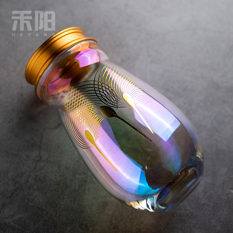 禾阳 玻璃茶叶罐贝彩烧密封防潮储茶罐金银烧存茶罐储物罐茶罐子