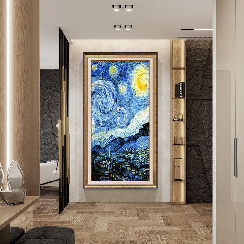 梵高星空油画美式入户玄关装饰画走廊过道竖版挂画欧式客厅墙壁画
