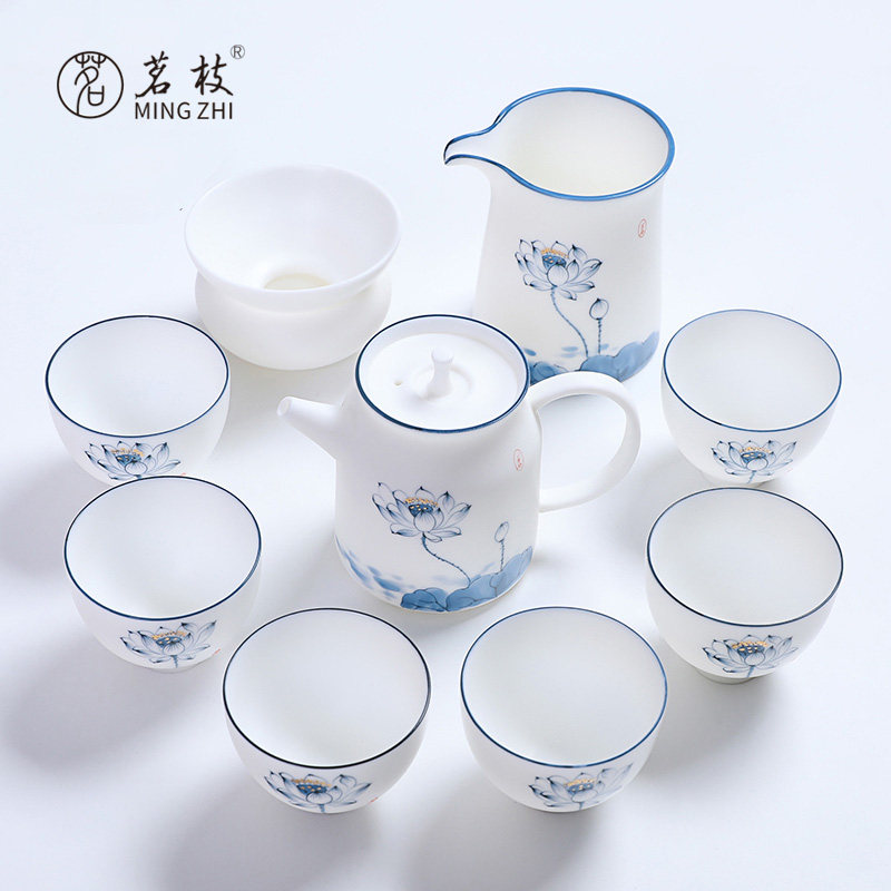 茗枝羊脂玉白瓷功夫茶具套装办公室会客家用高档青花盖碗茶壶茶杯