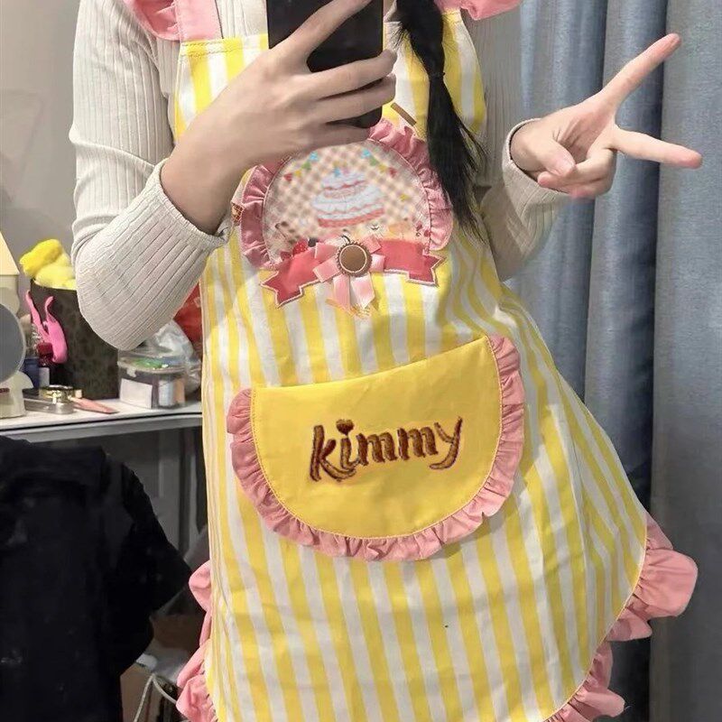 可爱条纹公主风家居围裙宽松花边甜品店卡通围裙烘焙