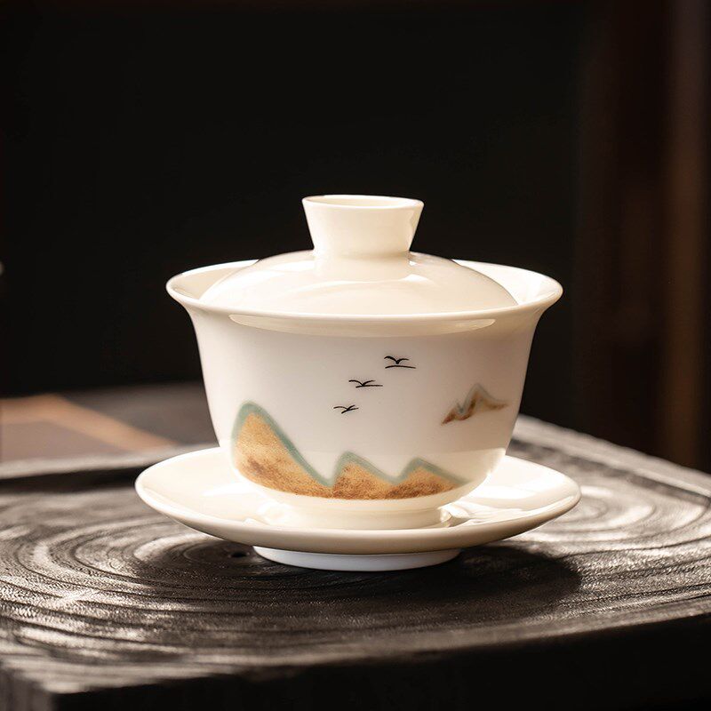 羊脂玉白瓷功夫茶具套装家用办公室会客高档泡茶茶壶盖碗茶杯喝茶
