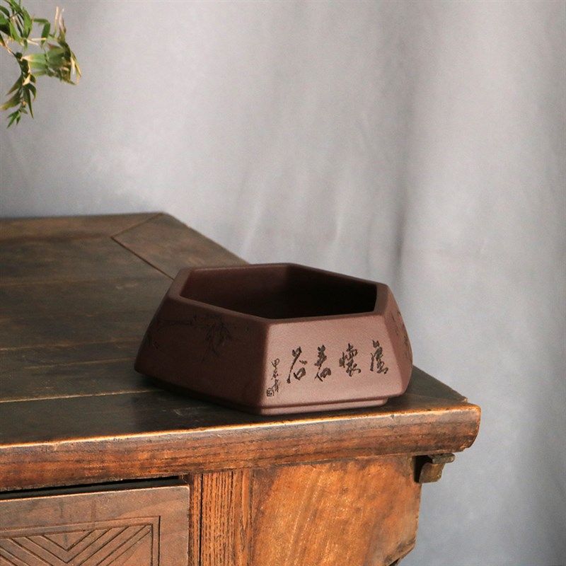 玲珑清供精品刻绘粗砂透气紫泥六方井栏菖蒲多肉苔藓内门竹盆景盆,鲜花速递/花卉仿真/绿植园艺,花盆,淘宝优惠券,粉丝福利购,淘宝优惠卷