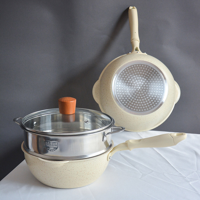 麦饭石不粘锅炒锅家用小型两人双耳电磁炉锅轻巧炒菜锅燃气灶适用