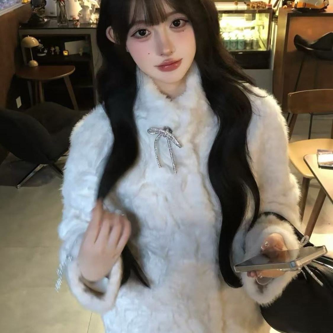 月影少女蝴蝶结立领环保皮草外套新款保暖加厚中长款羊羔毛毛大衣