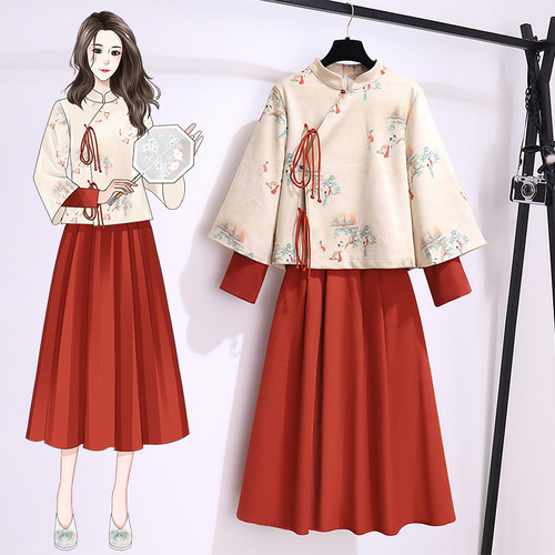 实拍2024新款大码复古国风鹿皮绒印花撞色假两件旗袍上衣两件套裙