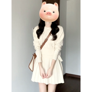 短袖 一整套裙套装 针织开衫 新款 上衣显瘦百褶半身裙三件套 女秋季