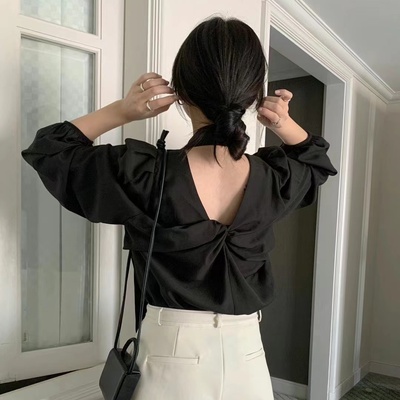 韩国chic甜美百搭设计感前后两穿飘带扭结泡泡袖衬衫上衣