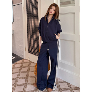 女外套上衣休闲微喇阔腿裤 两件套装 加绒学院时尚 实拍2025秋冬新款