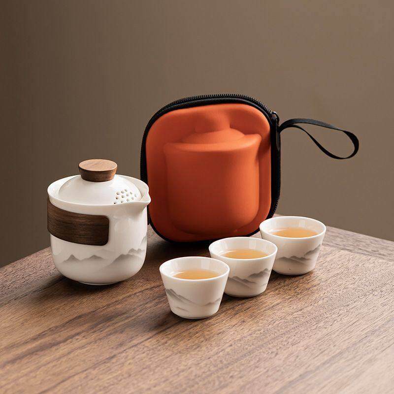 羊脂玉瓷可携式户外旅行茶具套组一壶三杯防烫泡茶壶茶杯快客杯