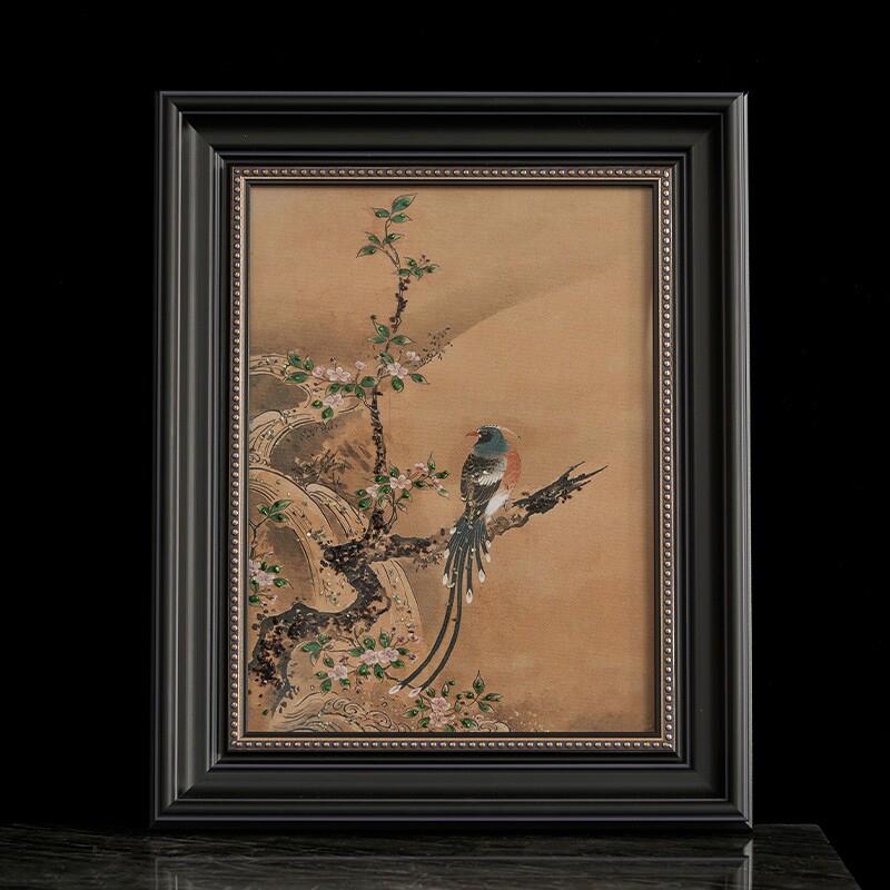 中国风东方美学软装设计新中式山鸟挂画玄关竹子松柏装饰品画摆件