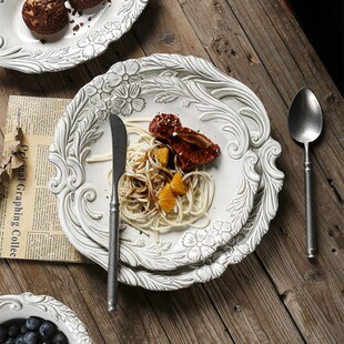 欧式宫廷风浮雕陶瓷西餐盘汤盘椭圆牛排盘意面盘复古餐具碗盘套装