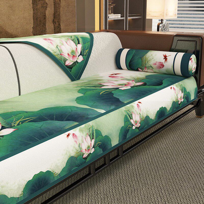 定制沙发垫罗汉床搭巾亚麻荷花中式红木沙发垫防尘垫尺寸防滑搭布