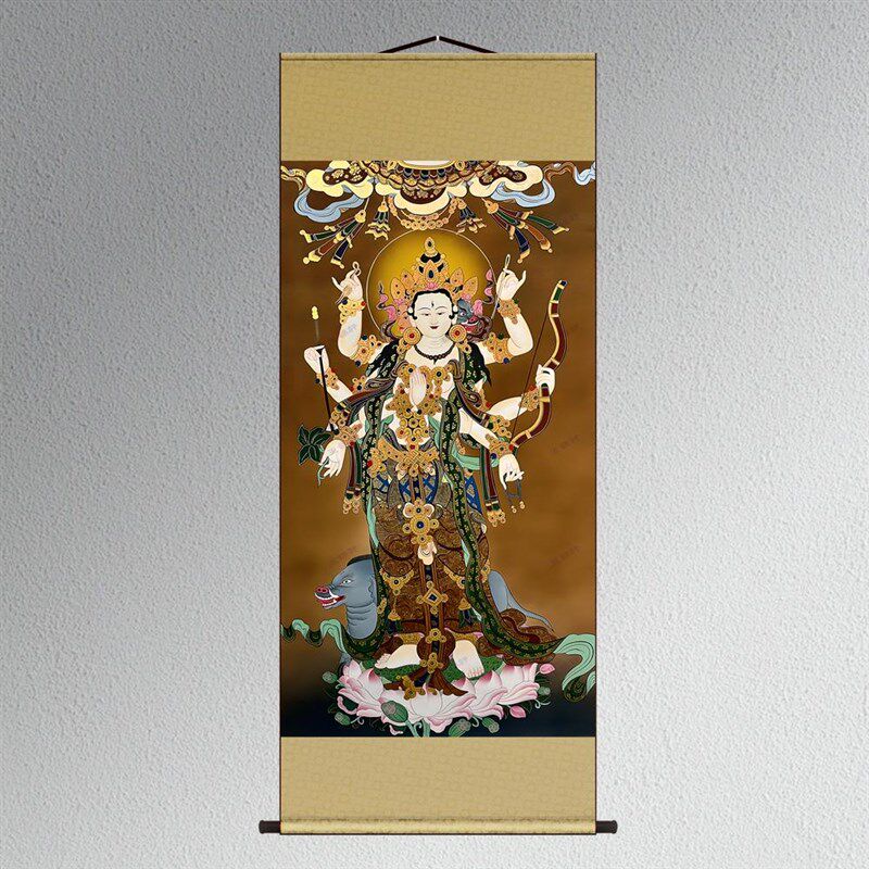 摩利支天菩萨光明天母画像丝绸布卷轴玄关供奉装饰挂画