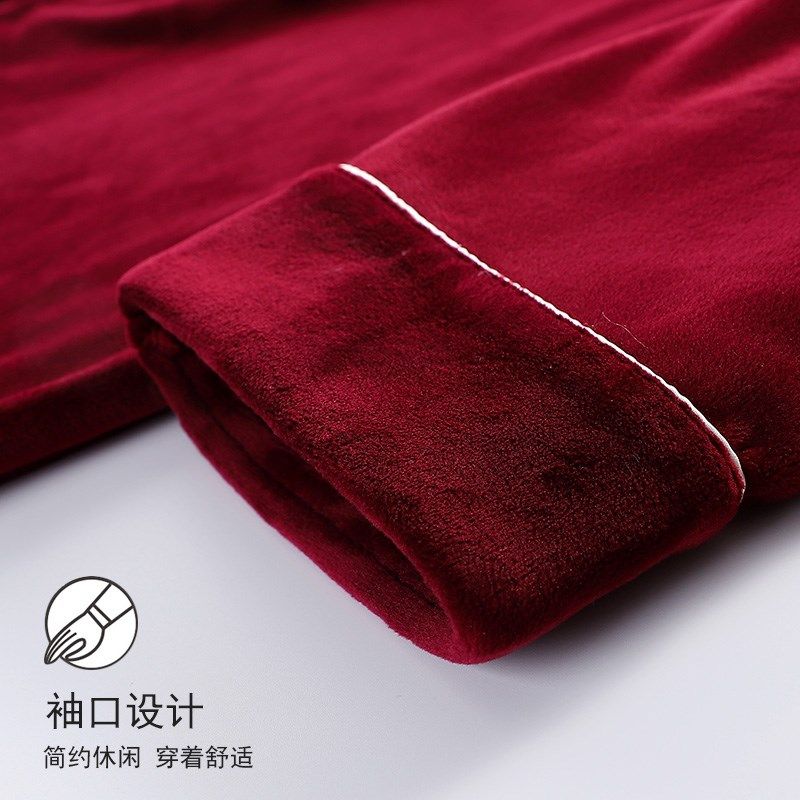 睡衣男秋款2023新款冬季红色老年人男款高级感海岛绒开门襟便尿口