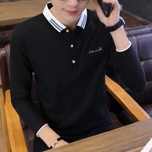 秋季男装翻领长袖T恤青年休闲有领POLO衫男士打底带领子大码上衣
