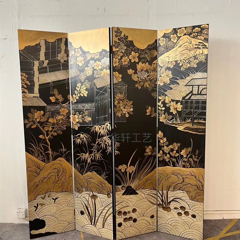定制黑底屏风折屏手绘漆画屏风隔断玄关客厅卧室移动中式法式复古