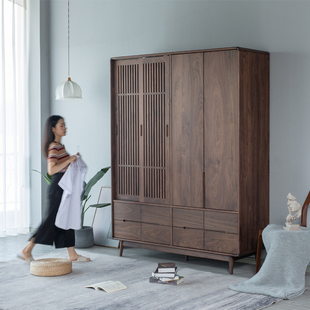 衣柜黑胡桃木卧室日式实木原木樱桃木格栅门白橡木收纳柜北欧简约